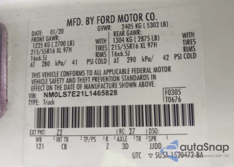 2020 Ford Transit Connect Xl из США, поврежденный, VIN NM0LS7E21L1465828